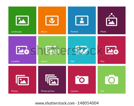 Photographs and Camera icons on color background. Vector illustration.