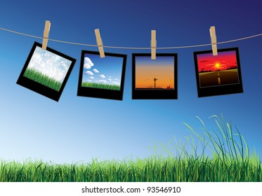 photographs hanging on a line