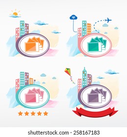Photographs pictures icon city background. Cityscape color illustration set.  