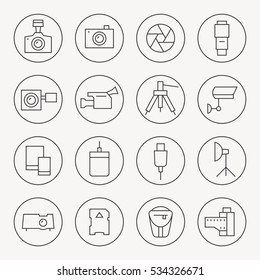 Photography accessories thin line icon set