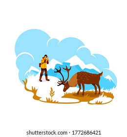 Photography in Alaska 2D vector web banner, poster. Deer on mountain peak. Wildlife photographer flat characters on cartoon background. Elk natural habitat printable patch, colorful web element