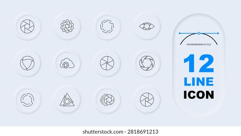 Photography aperture set icon. Neomorphism collection with camera shutters, rotating lenses, focus symbols, optical mechanics, digital interface graphics, circular exposure elements.