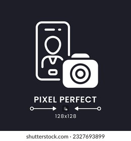 Photography app white solid desktop icon. Photo editing. Mobile phone. Development tool. Pixel perfect 128x128, outline 4px. Silhouette symbol for dark mode. Glyph pictogram. Vector isolated image
