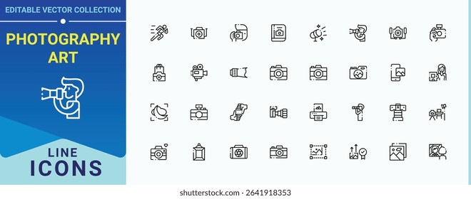 Photography Art line icon set. Pictograms of media, photograph, photo, camera, photographer, cam and more. Photography icon set. Outline icons collection. Pictogram and infographic.
