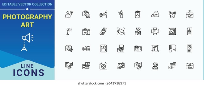 Photography Art line icon set. Pictograms of media, photograph, photo, camera, photographer, cam and more. Photography icon set. Outline icons collection. Pictogram and infographic.