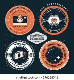 Photography badges and labels. Vector hipster collection of photography logo templates. Photography vintage logotypes, icons. Photo logo on black background.