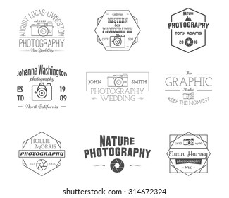 Photography Badges and Labels in Vintage Style. Simple Line design. Retro theme for photo studio, photographer, equipment store. Signs, logos, insignias. Vector illustration