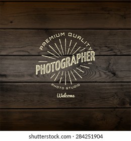 Photography badges logos and labels for any use, On wooden background texture