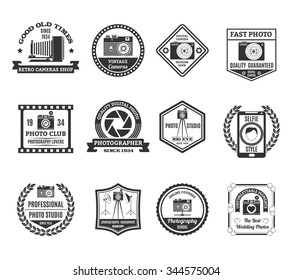 Photography black white emblems set with photo clubs and studios symbols flat isolated vector illustration 