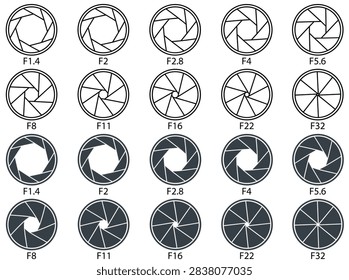 Photography camera aperture elements set, minimalist line, lens settings, f-stops, shutter blades, optical focus, and exposure