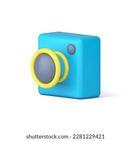 Photography camera blue vintage optical device with zoom lens capture 3d icon realistic vector illustration. Photo image picture create electronic technology travel art hobby social media application