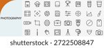 “Professional photography and camera equipment linear icon set, digital media vector”