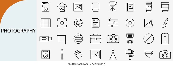 “Professional photography and camera equipment linear icon set, digital media vector”