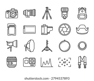 Photography and camera gear icons set with photography equipment accessory