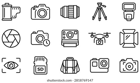 Photography and camera gear line icon set with photography lighting equipment