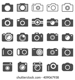 Photography camera icon collection in 25 different icons. Set of vintage and modern, digital and analogue camera illustrations.