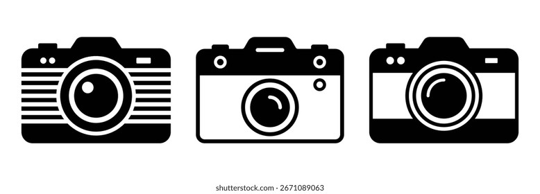 Photography camera icon set. Flat black and white silhouette style, photo snap camera line icon, camera symbol vector illustration