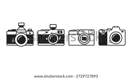 Photography Camera Icons Set. Modern and Vintage Equipment in Minimalist Black and White Vector Line Art Style for Web and UI Design.
