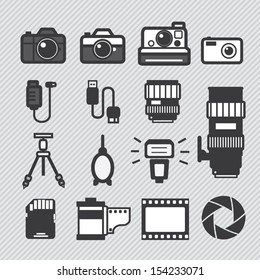 Photography camera lens and accessories set vector icons