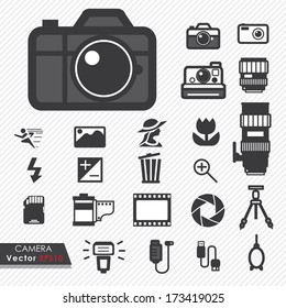 Photography camera lens and accessories set vector icons