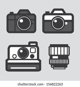 Photography camera and lens toy set vector icons