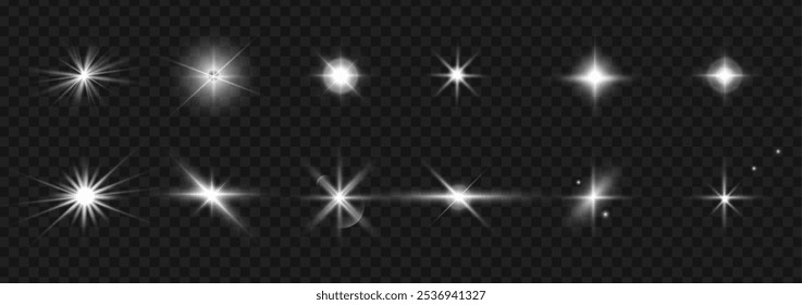 Photography camera light or sunlight reflection from lens. Vector stars in space, isolated glints set, sparkles and glares. Shimmering elements for typography and design. Realistic photo lens beam