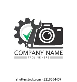 Fotokamera-Logo Symbol, Vektordesign-Vorlage einzeln auf schwarzem Hintergrund