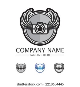 photography camera logo icon vector design template isolated on black background