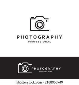Logo de la cámara fotográfica, obturador de la cámara del objetivo, digital, de línea, profesional, elegante y moderno. El logotipo puede utilizarse para estudios, fotografía y otros negocios.