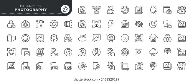 Photography, camera and photo line icon set. Outline vector icon in linear style. Conceptual pictogram collection.	
