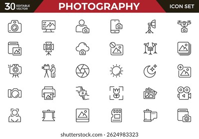 Photography, camera and photo outline icon set. Outline vector icon in linear style. Conceptual pictogram collection.