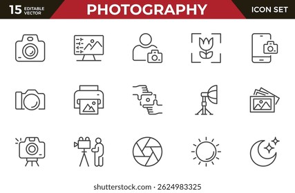 Photography, camera and photo outline icon set. Outline vector icon in linear style. Conceptual pictogram collection.