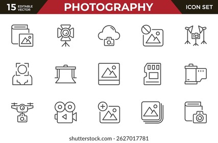 Photography, camera and photo outline icon set. Outline vector icon in linear style. Conceptual pictogram collection.