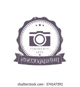 photography, camera, photographer grunge vintage logo, emblem, badge on white, vector illustration