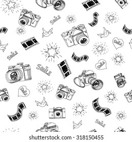 Photography camera sign and symbol doodles hand drawn set  elements vector illustration .