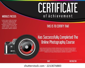 PHOTOGRAPHY Certificate of appreciation template, gold and red color. Clean modern certificate with gold badge. Certificate border template with luxury and modern line pattern. Diploma vector template