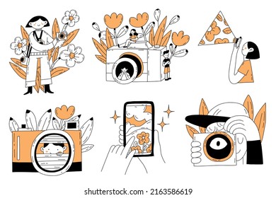 Photography club or course set. Students lerning to take photos. Artistic hobby and photography school course. Isolated hand drawn flat vector illustration