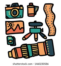 Photography colorful equipment flat cartoon icons. Digital or film camera, accessories, memory card, tripod lens. Vector illustration, signs for photo studio or store.