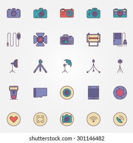 Photography colorful icons - vector set of photo camera and accessories symbols