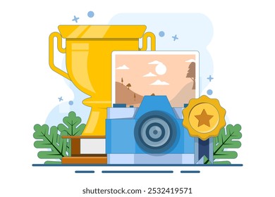 Concepto de competencia de Fotografía. Foto de paisaje con cámara y trofeo, concurso de fotografía. Plantilla de Ilustración vectorial plana de competencia de Fotografía.