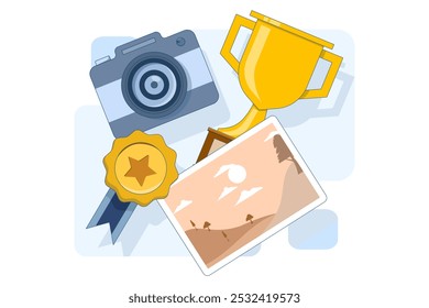 Conceito de competição de fotografia. Fotografia de paisagem com câmera e troféu, Concurso de fotografia. Modelo de ilustração de vetor plano de competição de fotografia.