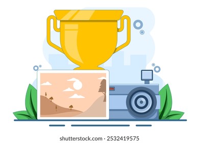 Conceito de competição de fotografia. Fotografia de paisagem com câmera e troféu, Concurso de fotografia. Modelo de ilustração de vetor plano de competição de fotografia.