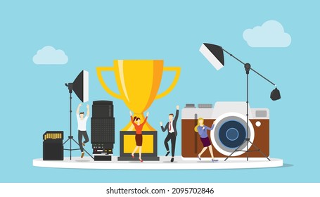 photography competition contest with trophy and happy people with modern flat style