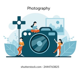 Photography concept. Characters with cameras capture the essence of moments, a snapshot of the photographer's passion and skill. The art of photography in a digital frame. Vector illustration