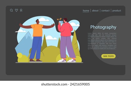 Photography concept. A cheerful moment as one friend captures another's joy in nature. Preserving memories through the lens. Flat vector illustration.