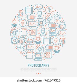 Photography concept in circle with thin line icons of photographer, film, crop, flash, focus, light, panorama. Vector illustration for banner, web page, print media.