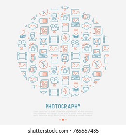 Photography concept in circle with thin line icons of photographer, film, crop, flash, focus, light, panorama. Vector illustration for banner, web page, print media.