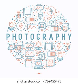 Photography concept in circle with thin line icons of photographer, film, crop, flash, focus, light, panorama. Vector illustration for banner, web page, print media.