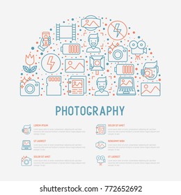 Photography concept in half circle with thin line icons of photographer, film, crop, flash, focus, light, panorama. Vector illustration for banner, web page, print media.