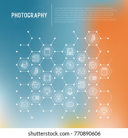 Photography concept in honeycombs with thin line icons of photographer, film, crop, flash, focus, light, panorama. Vector illustration for banner, web page, print media.